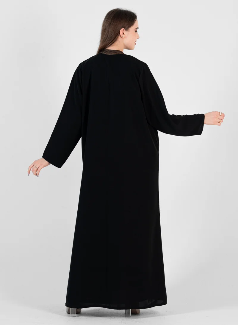 Rosette Abaya Black abaya With Leather Design and pucket