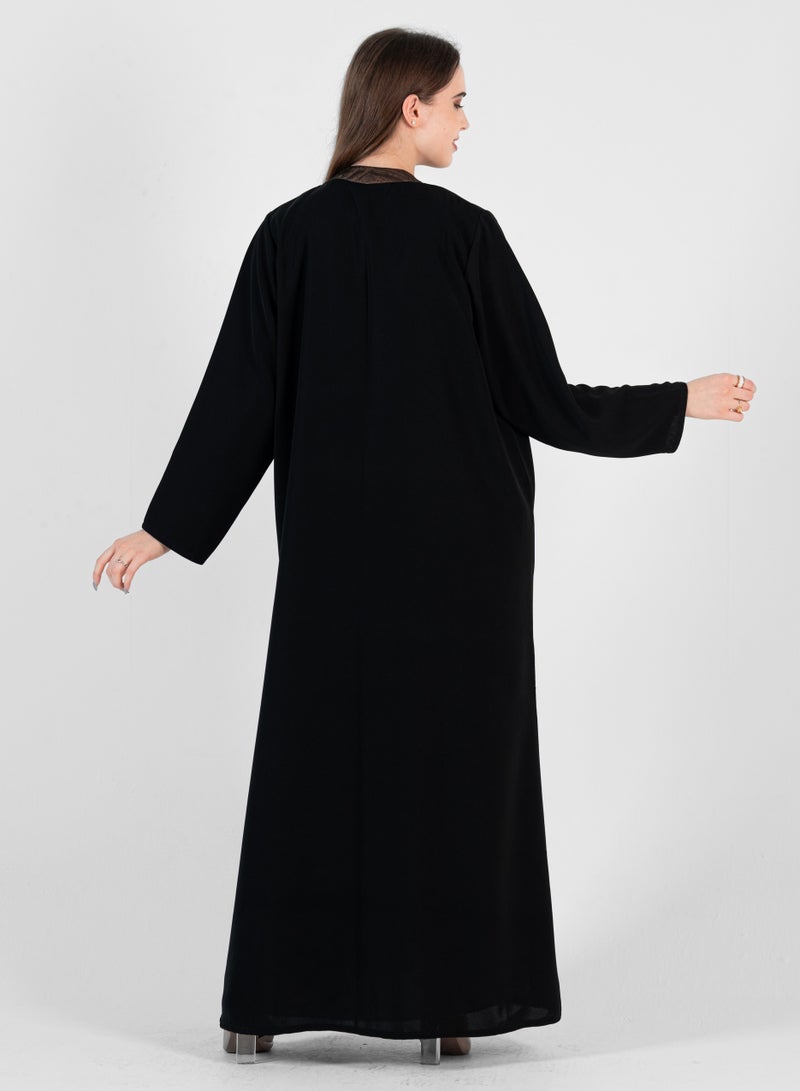 Rosette Abaya Black abaya With Leather Design and pucket - Image 3