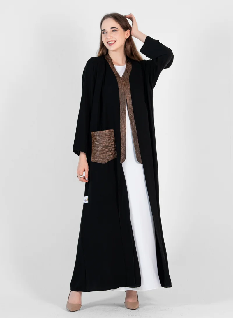 Rosette Abaya Black abaya With Leather Design and pucket
