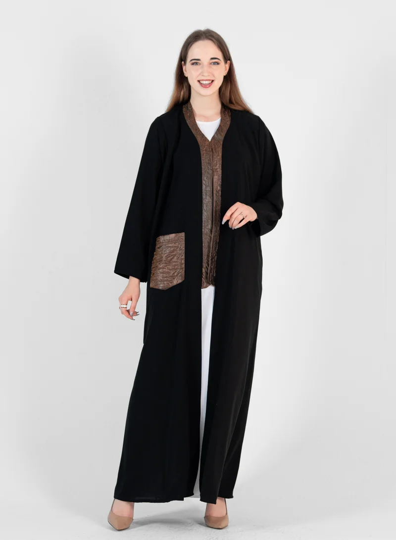 Rosette Abaya Black abaya With Leather Design and pucket