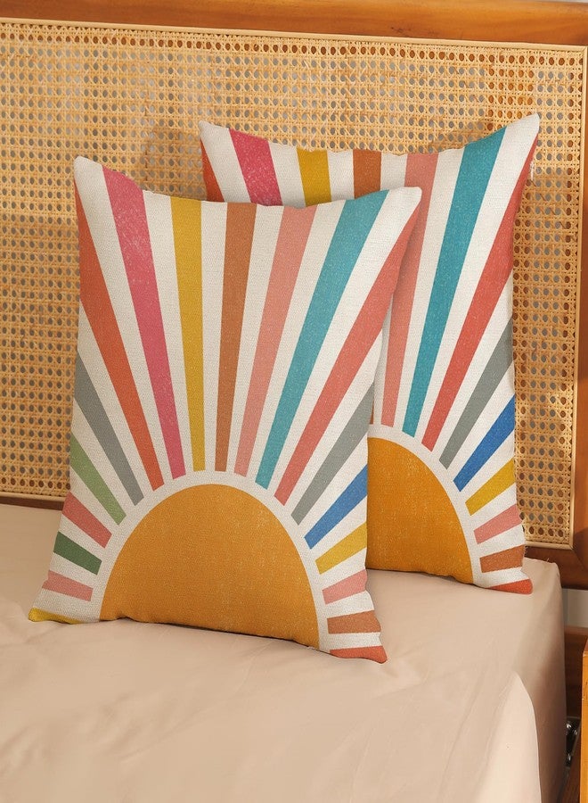 JEFERSO Summer Pillow Covers 18x18 Set of 2 Colorful Stripes Yellow Sunshine Decorations Outdoor Throw Pillows Boho Rainbow Sun Pillowcase Linen Decor Modern Farmhouse Cushion Case for Home Bedroom - Image 2