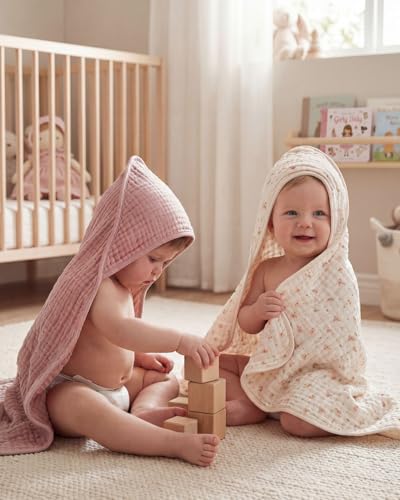 Blissful Diary Muslin Baby Hooded Towel 2 Pack Soft Absorbent Bath Towel for Baby Girls Infant Gift Newborn Essentials Pink Floral Light Pink - Image 3