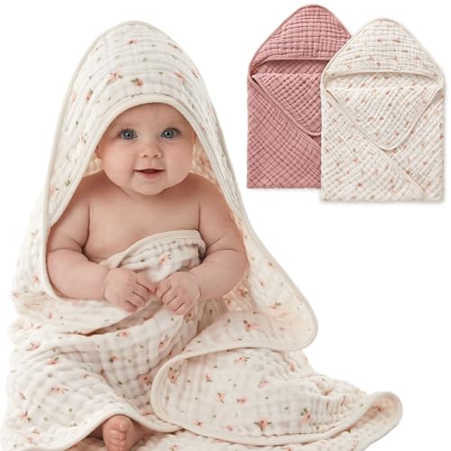 Blissful Diary Muslin Baby Hooded Towel 2 Pack Soft Absorbent Bath Towel for Baby Girls Infant Gift Newborn Essentials Pink Floral Light Pink - Image 1