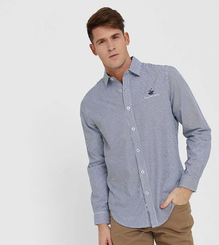 بيفرلي هيلز بولو كلوب قميص بياقة كلاسيكية وأكمام طويلة مخطط رفيع