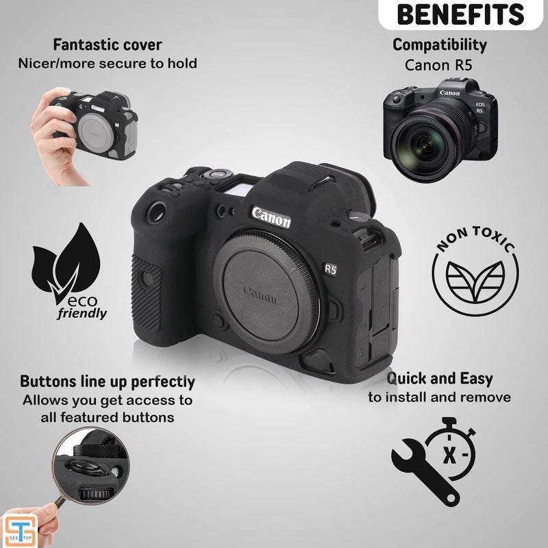 STSEETOP Camera Case for Canon R5 - Silicone Protective DSLR Skin Cover, Detachable Cage, Shockproof, Dustproof (Black) - Image 3