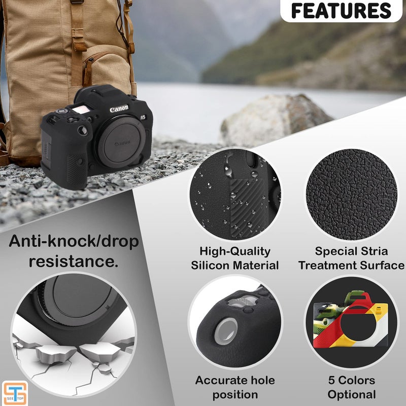 STSEETOP Camera Case for Canon R5 - Silicone Protective DSLR Skin Cover, Detachable Cage, Shockproof, Dustproof (Black) - Image 2