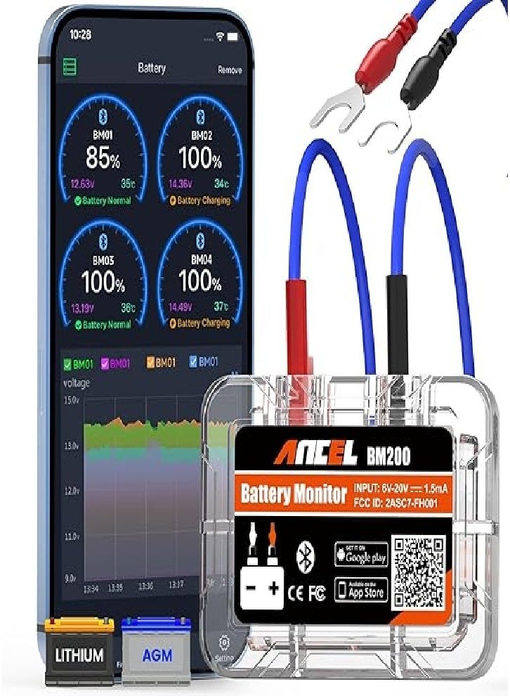 Ancel ANCEL BM200 Bluetooth 4.2 Car Battery Monitor, 12V Battery Monitor for Li-Ion and Lead-Acid Batteries, Wireless Car Battery Tester with Cranking and Charging Capabilities, Test Voltage History  - Image 2