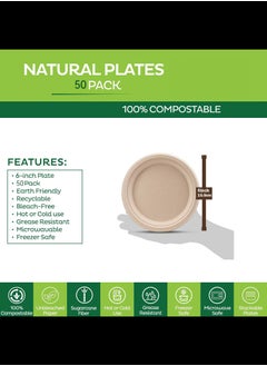 Generic Paper Plates, 100% Compostable Heavy Duty, Disposable 6 Inch, Small Dessert Plate - [50-Pack]- Eco-Friendly, Biodegradable Bagasse Natural Brown Small Plates  - Image 3