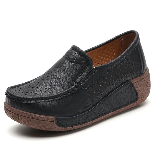 CrazySavage Women's Toning Rocker Cutout Walking Shoes Platform Slip On Leather Hollow Breathable Wedge Orthotic Sneakers Insole Pain Relief Arch Support That (Black,9,Women,9) - Image 1
