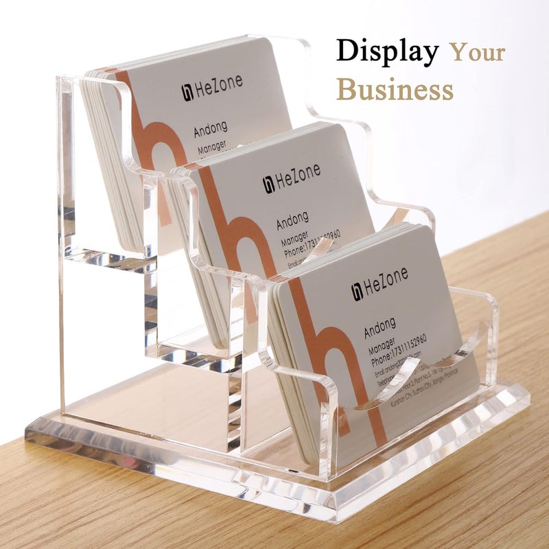 HeZone Business Card Holder for Desk 3 Slots 3 Tier, Clear Acrylic Cards Display Stand, Cards Organizer for Women and Men, Hold 150 Cards-Horizontal 3 Slots - Image 2