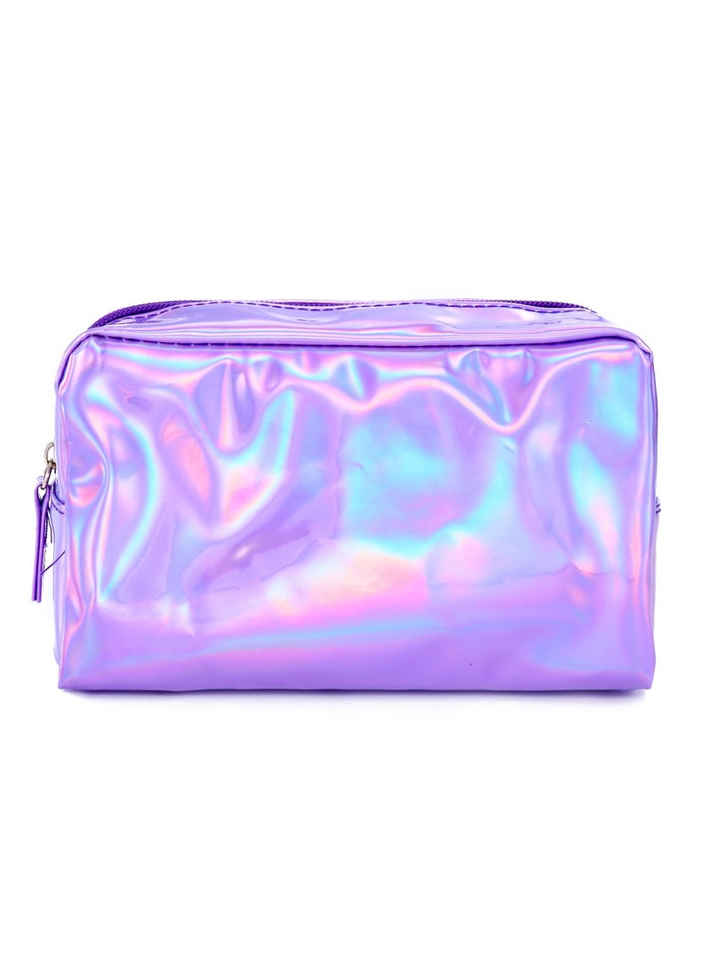 Teensery PU Leather Holographic Makeup Pouch Cosmetic Bag Waterproof Toiletries Organizer Pen Bag for Women and Girls (Purple) 