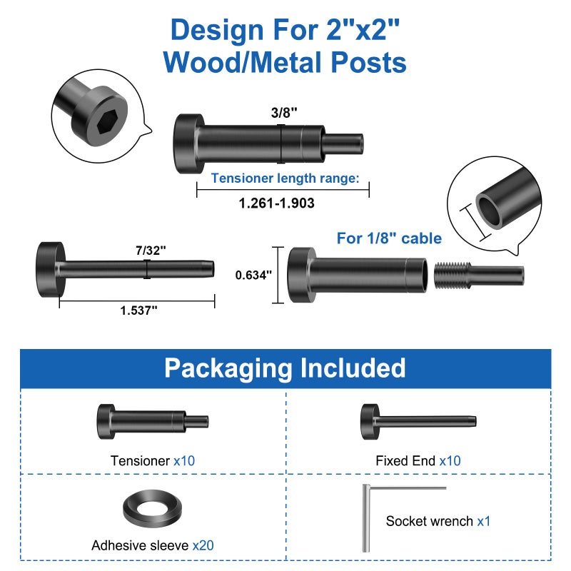 BLIKA Upgraded 10 Pairs 1/8" Black Invisible Cable Railing Kit, Hidden Swage Tensioner and Ends for 2"x2" Wood & Metal Posts, T316 Stainless Steel, Deck Stair Cable Railing Hardware - Image 2