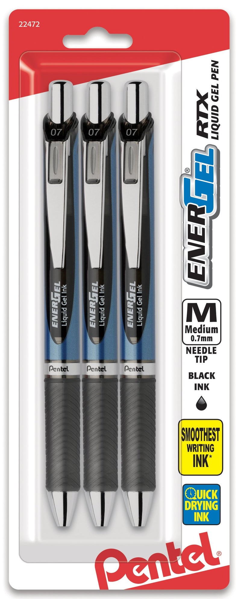 Pentel EnerGel RTX Retractable Liquid Gel Pen, (0.7mm), Medium Line, Needle Tip, Black Ink, Pack of 3 (BLN77BP3A) - Image 1
