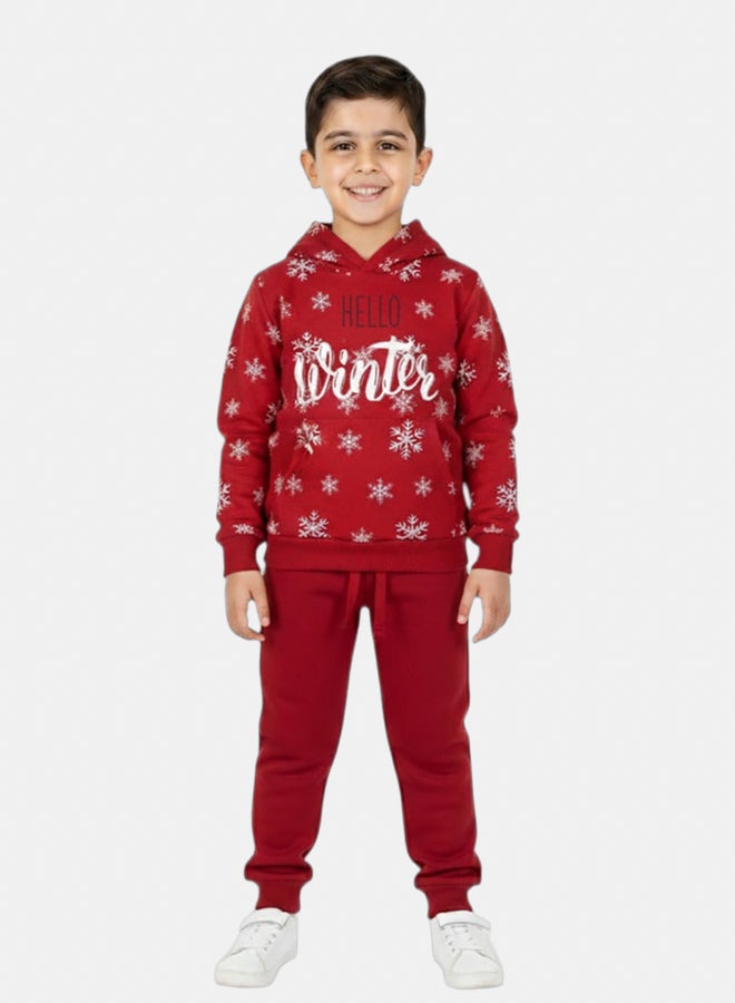 اوركيدز طقم بيجامة قطن للأولاد بغطاء رأس – خمري بتصميم "مرحبًا بالشتاء" - Image 3