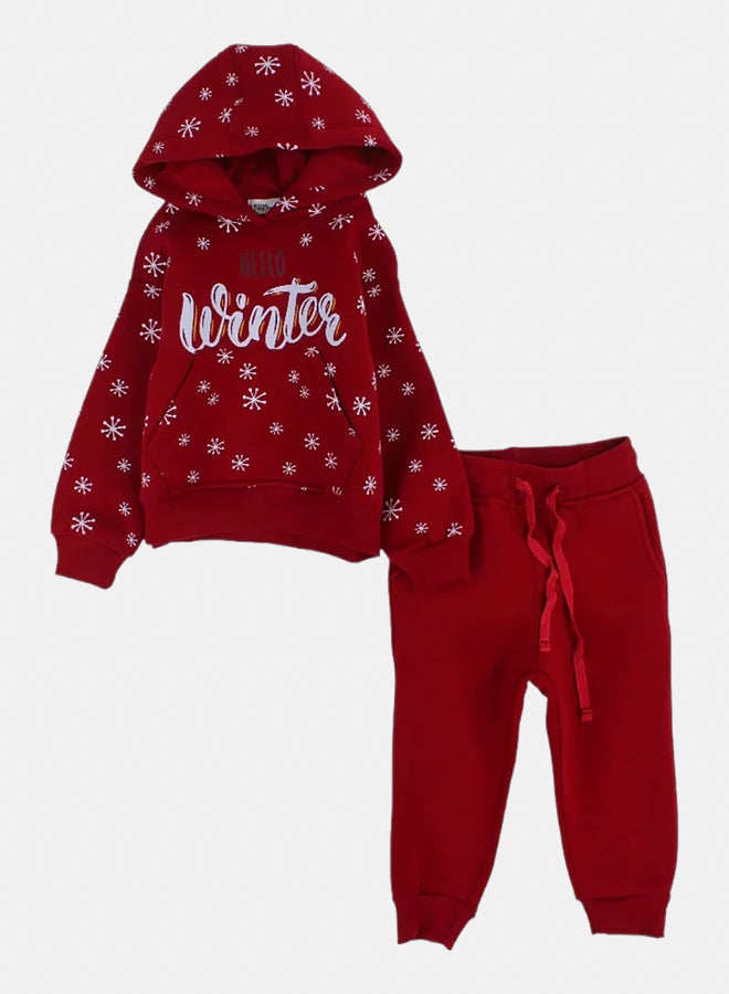 اوركيدز طقم بيجامة قطن للأولاد بغطاء رأس – خمري بتصميم "مرحبًا بالشتاء" - Image 1