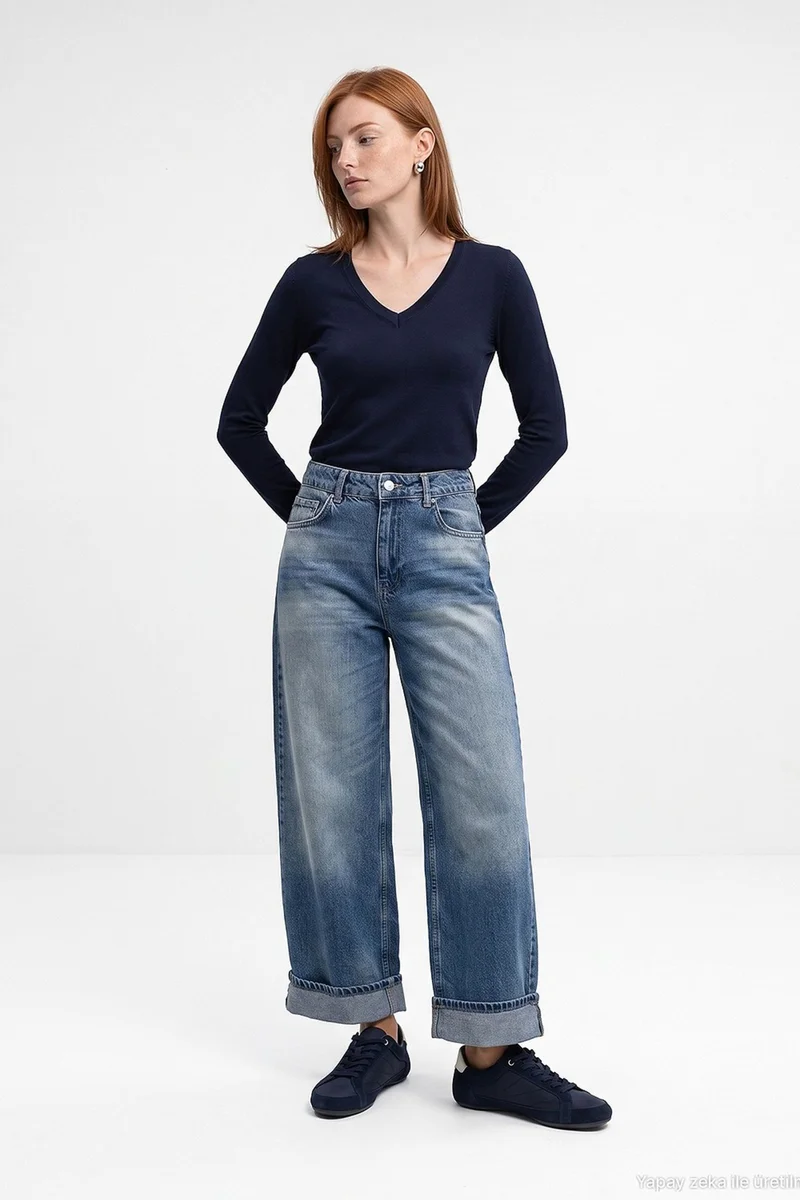 Dilvin Navy Blue DILVIN Women's V-Neck Knit Sweater With Side Slit for Women | Best Price UAE