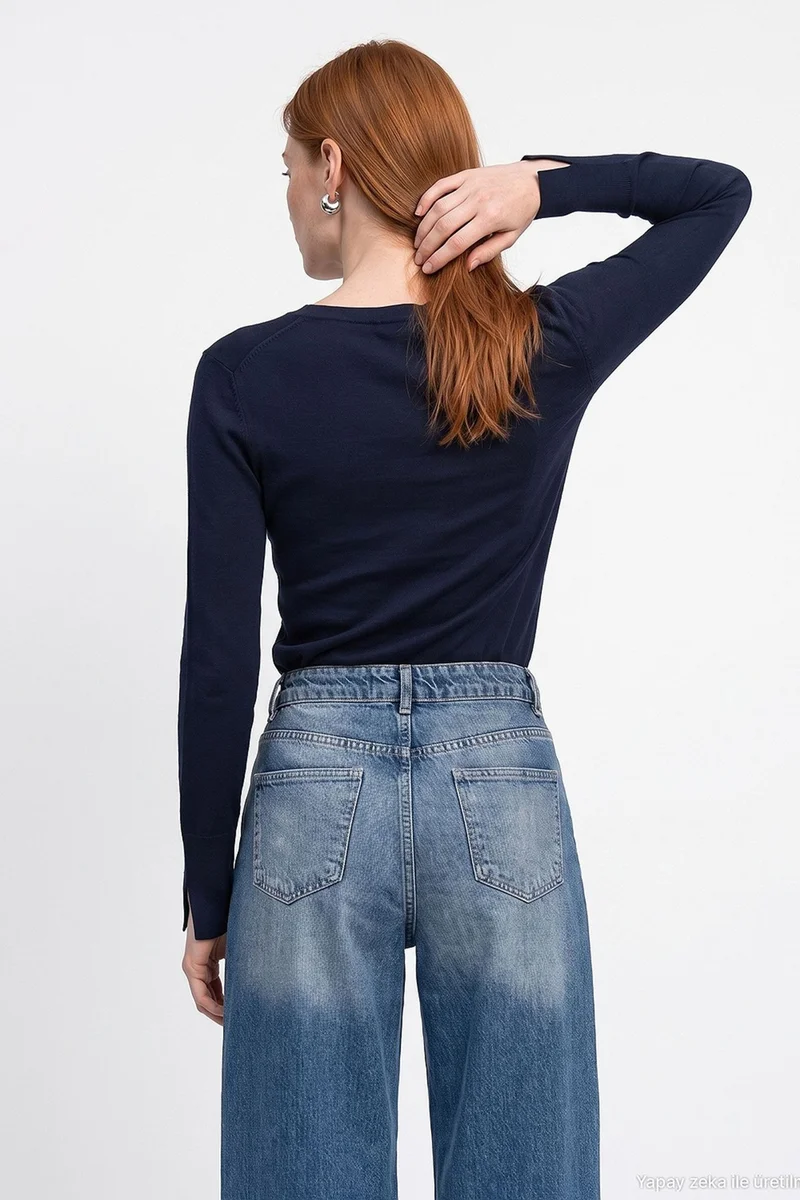 Dilvin Navy Blue DILVIN Women's V-Neck Knit Sweater With Side Slit for Women | Best Price UAE