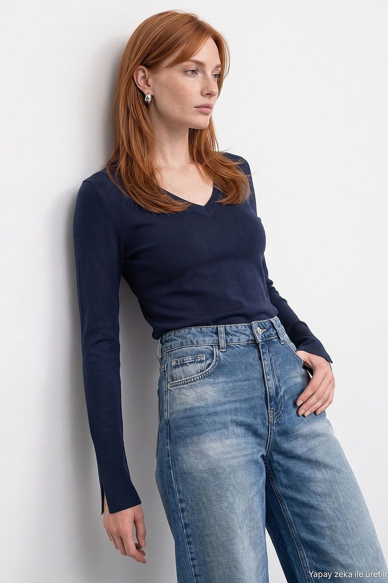 Dilvin Navy Blue DILVIN Women's V-Neck Knit Sweater With Side Slit for Women | Best Price UAE