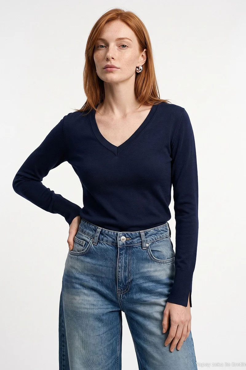 DILVIN Women's V-Neck Knit Sweater With Side Slit