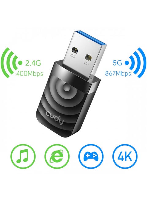 Cudy AC1300 WiFi USB 3.0 Adapter for PC, USB WiFi Dongle, 5Ghz /2.4Ghz, WiFi USB 3.0, Wireless Adapter for Desktop/Laptop, Compatible with Windows 7/8/8.1/10/11, mac OS 10.610.15.3, Linux, WU1300S