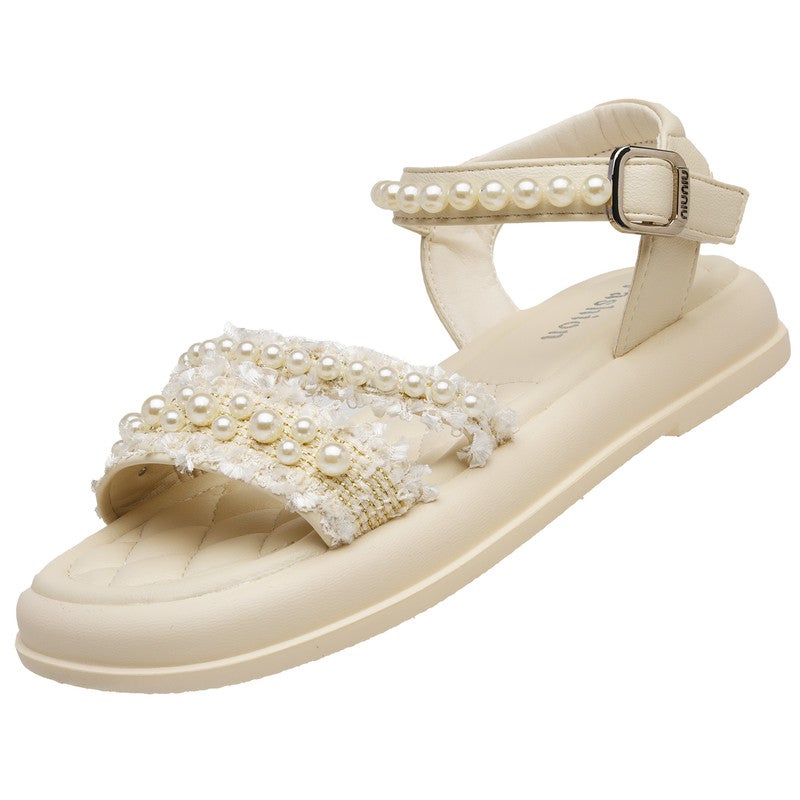 Lucky Kids Open Toe Flats Dress Sandals for Girls ,Non-Slip Soft Rubber Sole Summer Shoes with Pearls for Little Kid/Big Kid - Image 1