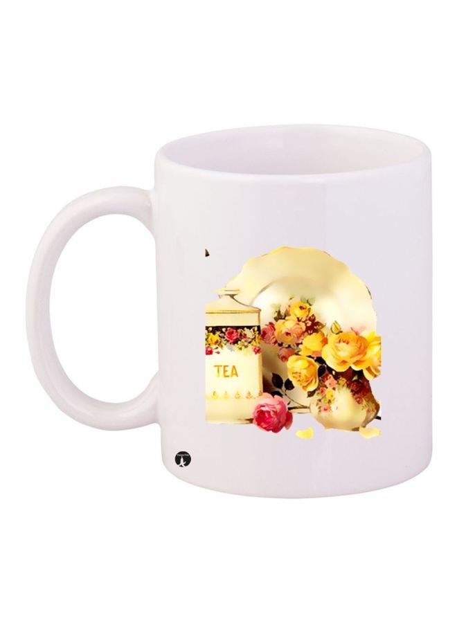 RYN Cartoon Tea Printed Coffee Mug White/Gold/Yellow 11ounce