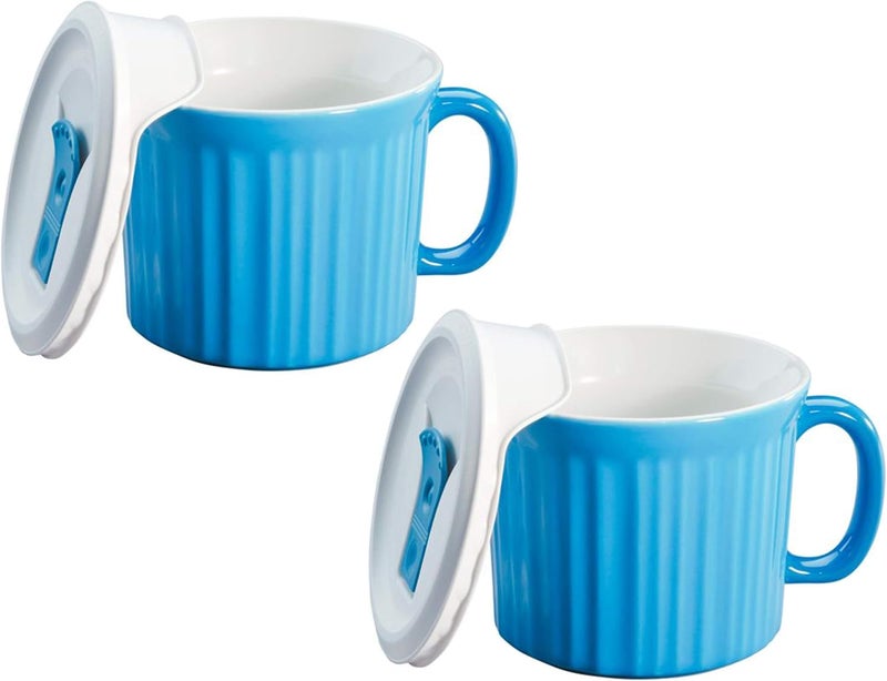 كوب وجبة كورنينغ وير سعة 20 أونصة باللون الأزرق الفاتح مع غطاء بلاستيكي مثقوب 2 عبوة