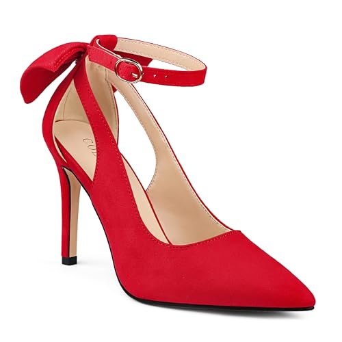 COLETER Womens Bow Knot High Heels Pointed Toe Stiletto Ankle Strap D'Orsay Pumps Bow Evening Dress Shoes Suede Red 6US - Image 4