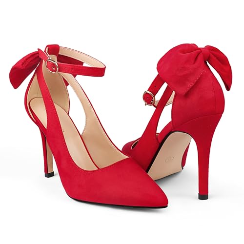 COLETER Womens Bow Knot High Heels Pointed Toe Stiletto Ankle Strap D'Orsay Pumps Bow Evening Dress Shoes Suede Red 6US - Image 1