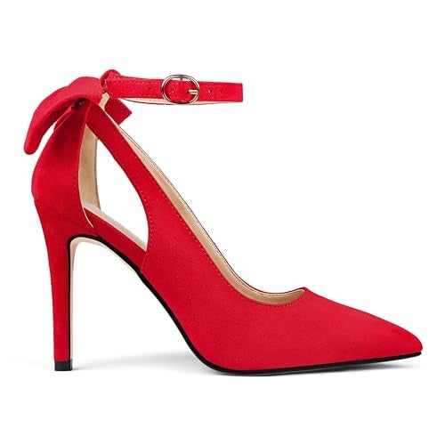 COLETER Womens Bow Knot High Heels Pointed Toe Stiletto Ankle Strap D'Orsay Pumps Bow Evening Dress Shoes Suede Red 6US - Image 5