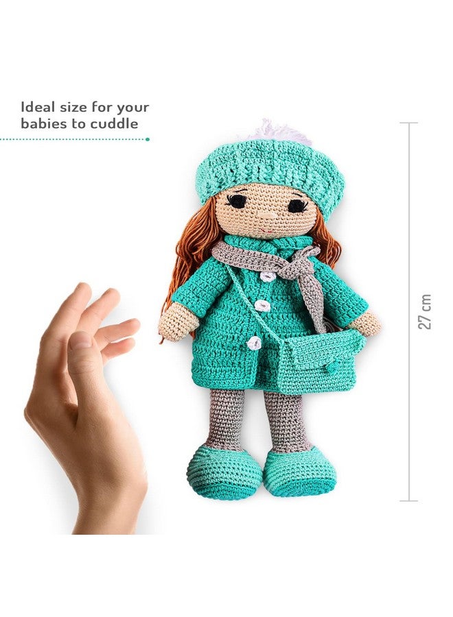 Bonfino Premium Miss Gloria Crochet Doll for Girls & Boys, Soft Toy Doll with Purse for Kids, Cute Knitted Cotton Doll for Babies, Best Birthday Gift for Kids, Height 27 cm, Green - Image 4