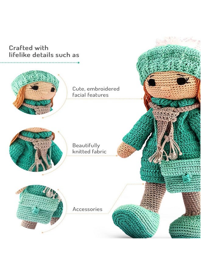 Bonfino Premium Miss Gloria Crochet Doll for Girls & Boys, Soft Toy Doll with Purse for Kids, Cute Knitted Cotton Doll for Babies, Best Birthday Gift for Kids, Height 27 cm, Green - Image 5