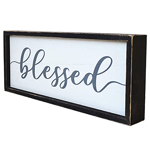 EXQUIDECA Rustic Blessed Freestanding Sign Home Decor for Living Room - Farmhouse Framed Blessed Wall Art Solid Wood Grey 12x5 Inches - Image 1