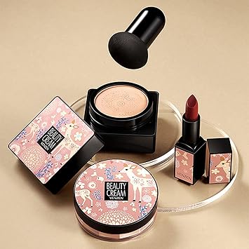VENZEN Makeup Beauty Cream 3pcs Gift Box Carpet Flowers Colors Ivory White Foundation Powder Moisturizing Concealer Lipstick - Image 1
