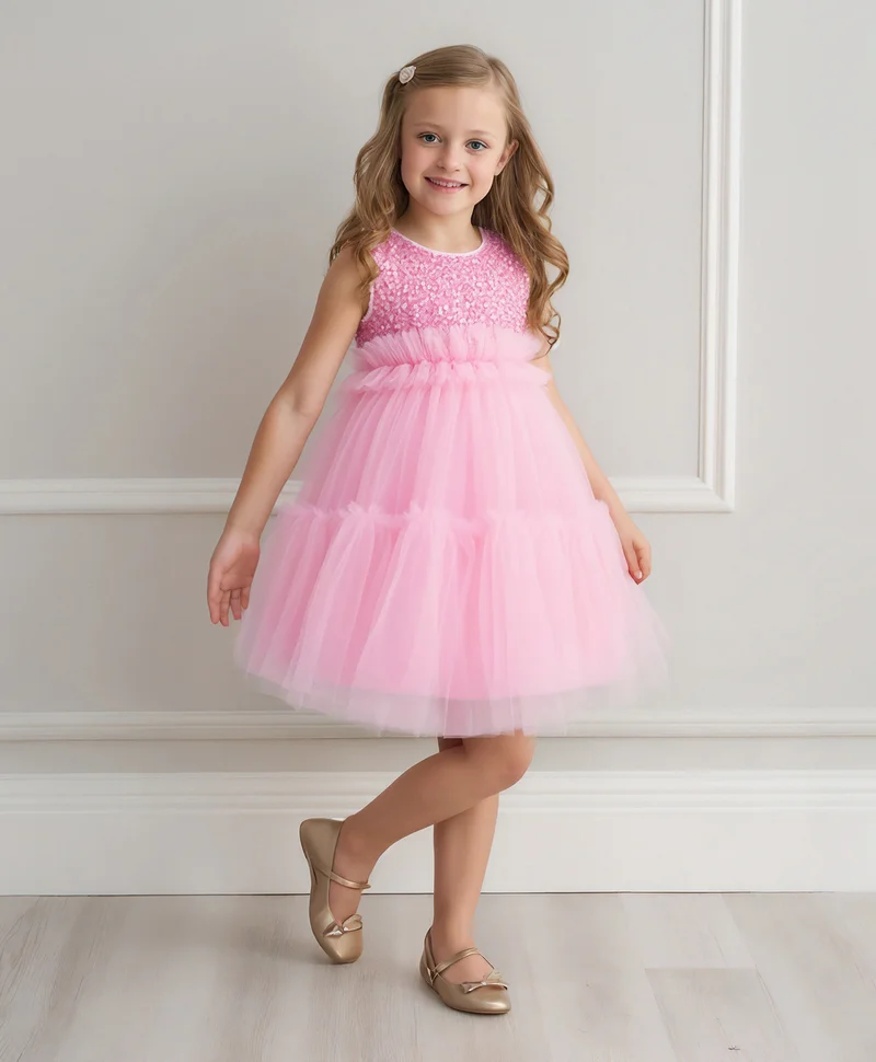 مارك وميا فستان حفلات من التول المطرز بالترتر مع تفاصيل فيونكة من مارك وميا - وردي