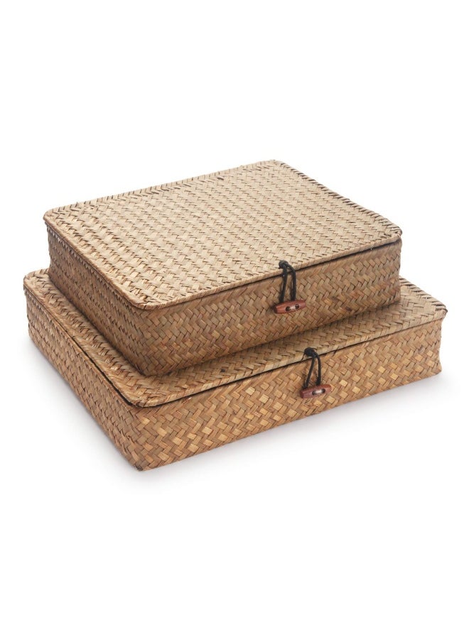 Generic - Seagrass Storage Basket Box with Lid Rectangular Woven Shelf Baskets Bins for Organize Snack Toys Set of 2 Natural Decorative Large Small - Image 1