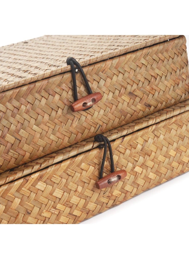 Generic - Seagrass Storage Basket Box with Lid Rectangular Woven Shelf Baskets Bins for Organize Snack Toys Set of 2 Natural Decorative Large Small - Image 1