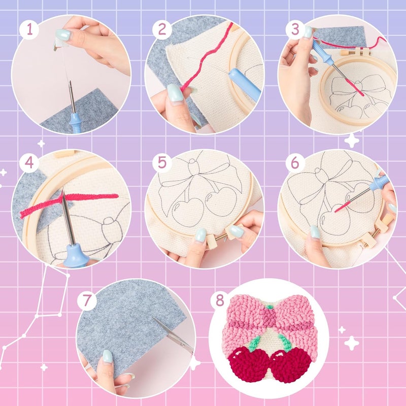 WATINC Punch Needle Coaster Kits - 23Pcs Easy Art Work Decor Craft Supply for Beginners, DIY Set of 6 Unique Pattern Tufted Pads with Adhesive Felt Yarns Tools Coaster Holder Instruction (Light Pink) - Image 3