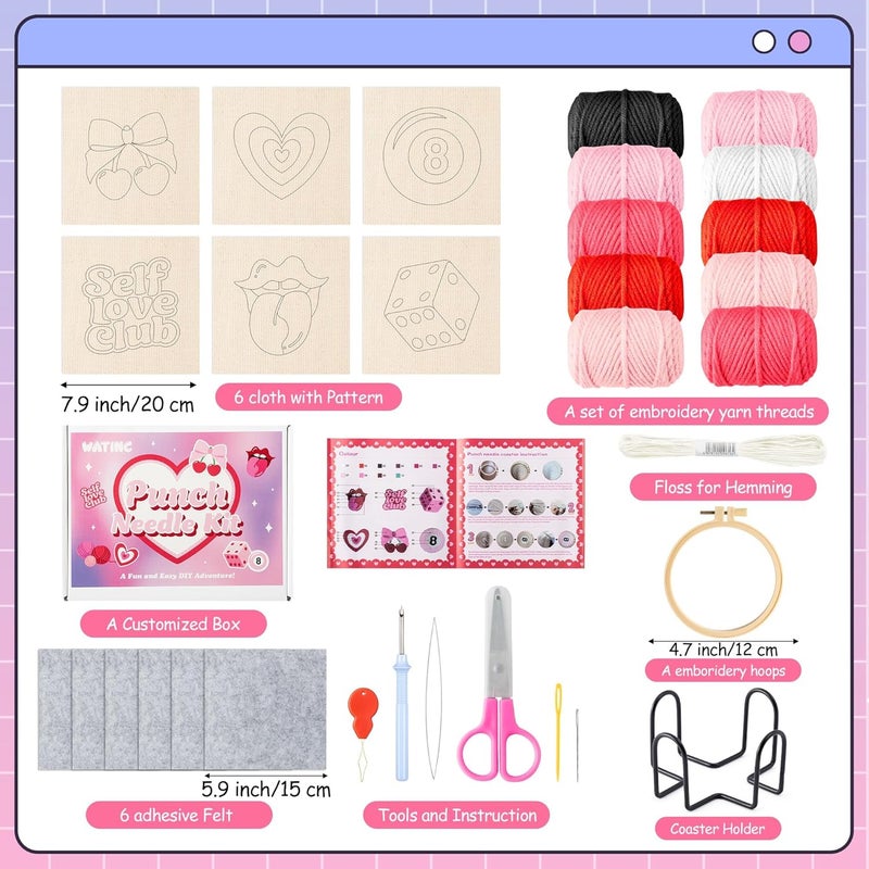 WATINC Punch Needle Coaster Kits - 23Pcs Easy Art Work Decor Craft Supply for Beginners, DIY Set of 6 Unique Pattern Tufted Pads with Adhesive Felt Yarns Tools Coaster Holder Instruction (Light Pink) - Image 2