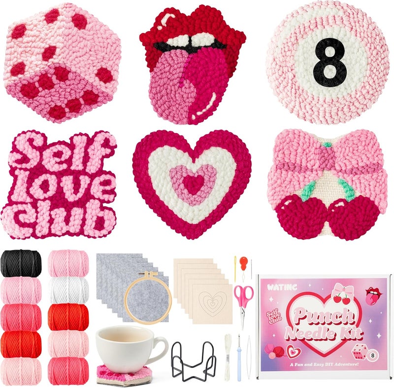 WATINC Punch Needle Coaster Kits - 23Pcs Easy Art Work Decor Craft Supply for Beginners, DIY Set of 6 Unique Pattern Tufted Pads with Adhesive Felt Yarns Tools Coaster Holder Instruction (Light Pink) - Image 1