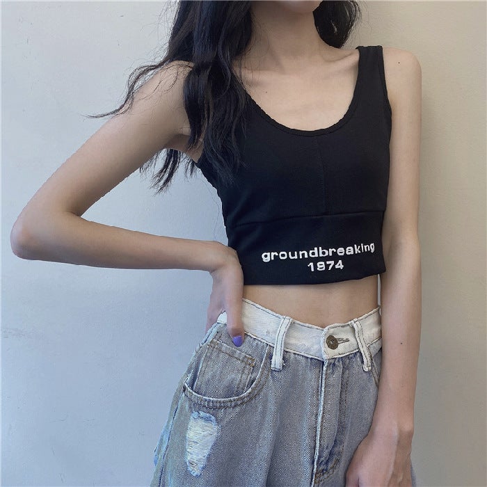 One-piece/two-piece cropped top summer 2024 new Korean version of loose high waist T-shirt womens wholesale Black vest