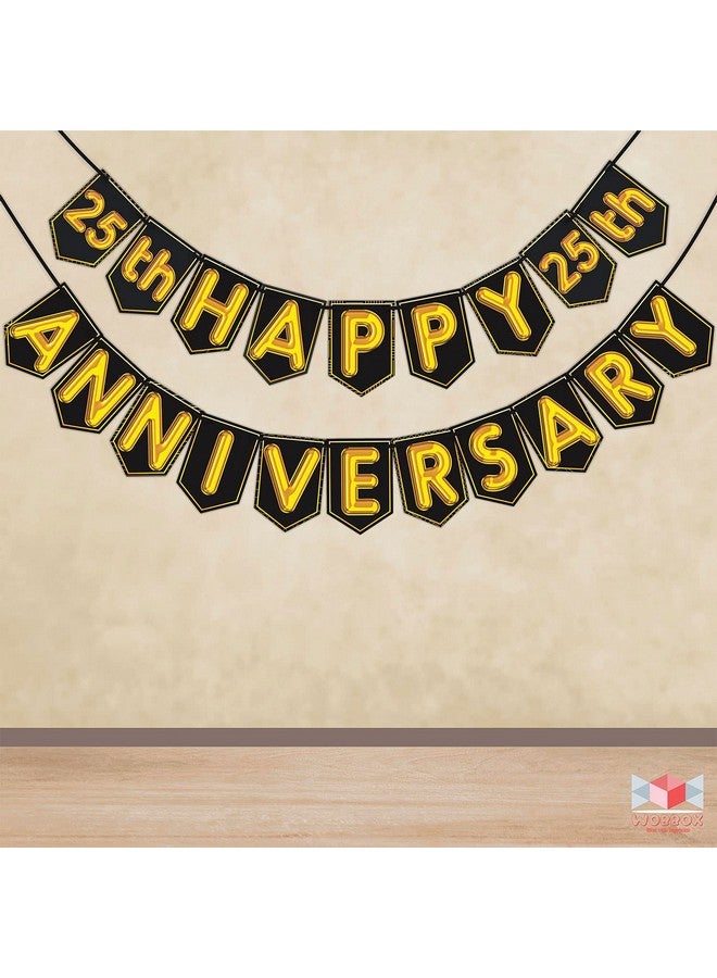 Wobbox Happy Anniversary Bunting Banner Black & Golden Shiny Font 25th Year Happy Anniversary, Anniversary Decoration for Home, Happy Anniversary Decoration Item, Marriage Anniversary Decoration Item - Image 1