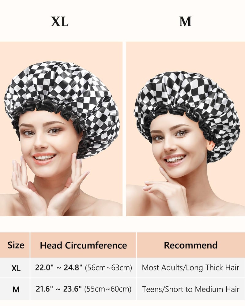 mikimini Large Shower Cap for Women Long Hair, Reusable, Double Layers Waterproof Large Bathing Shower Hat with Soft Comfortable PEVA Lining, Non-Fading, Stretchy & Shower Caps ,Checkerboard (Pack of 1) - Image 2