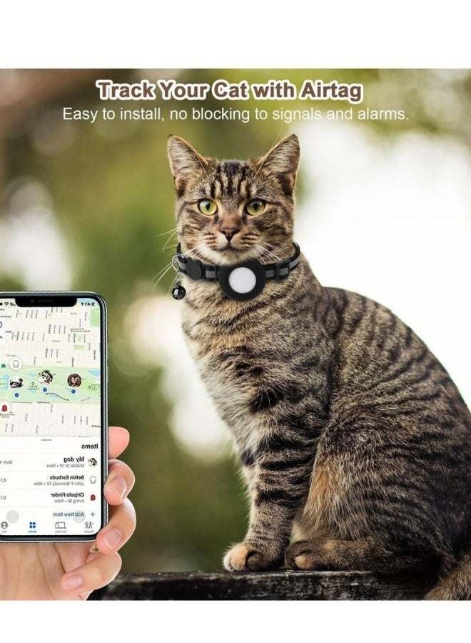 Airtag Cat Collar Breakaway with Bell Reflective Kitten Collar with Apple Airtag Cat Collar Holder Adjustable 22 to 35cm Safety Buckle for Girl Boy Cats Pet Supplies Accessories Gifts Black - Image 2