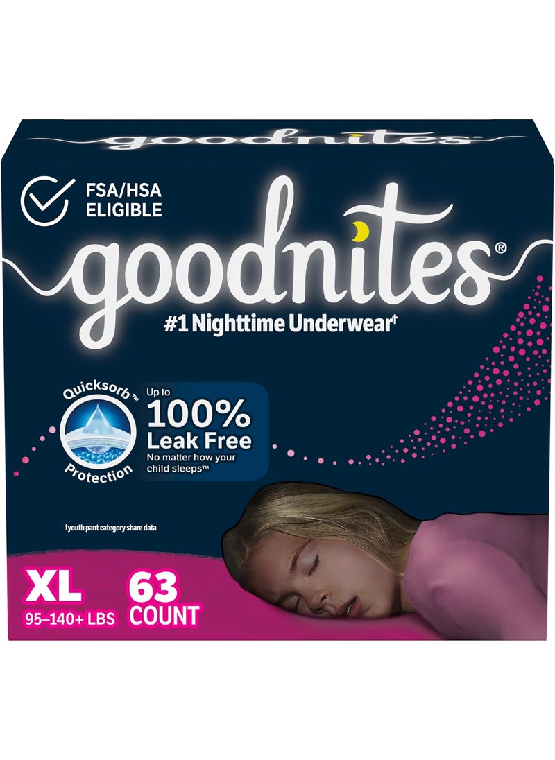 GoodNites Goodnites Girls' Nighttime Bedwetting Underwear, Size Extra Large (95-140+ lbs), 63 Ct (3 Packs of 21), Packaging May Vary 