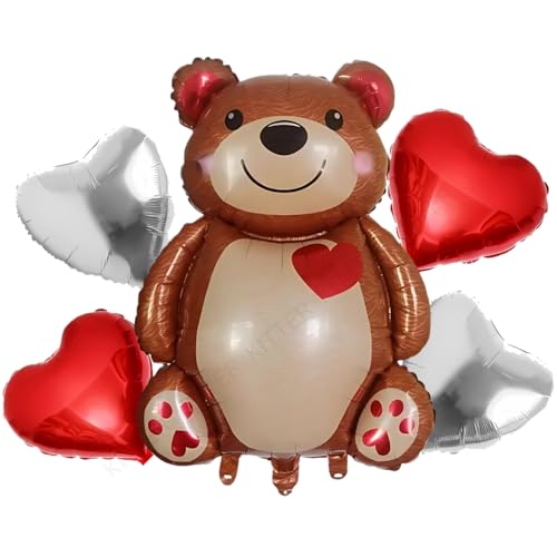 KITTER Bear Theme Birthday Party Decoration Kit, Birthday Decor Foil Balloons Set for Boys Girls Kids, Set of 5 Pieces | Includes 1 Big Bear, 2 Red Hearts & 2 Silver/Chrome Colour Foil Balloons - Image 1