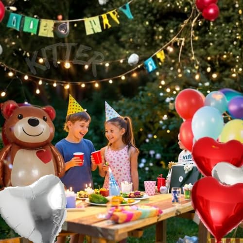 KITTER Bear Theme Birthday Party Decoration Kit, Birthday Decor Foil Balloons Set for Boys Girls Kids, Set of 5 Pieces | Includes 1 Big Bear, 2 Red Hearts & 2 Silver/Chrome Colour Foil Balloons - Image 4
