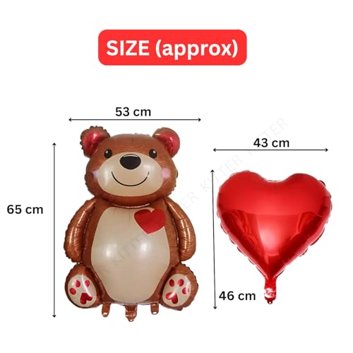 KITTER Bear Theme Birthday Party Decoration Kit, Birthday Decor Foil Balloons Set for Boys Girls Kids, Set of 5 Pieces | Includes 1 Big Bear, 2 Red Hearts & 2 Silver/Chrome Colour Foil Balloons - Image 5