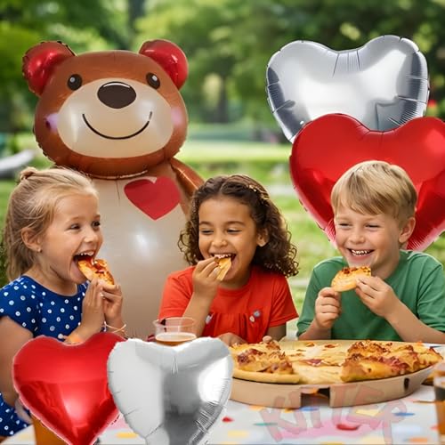 KITTER Bear Theme Birthday Party Decoration Kit, Birthday Decor Foil Balloons Set for Boys Girls Kids, Set of 5 Pieces | Includes 1 Big Bear, 2 Red Hearts & 2 Silver/Chrome Colour Foil Balloons - Image 3