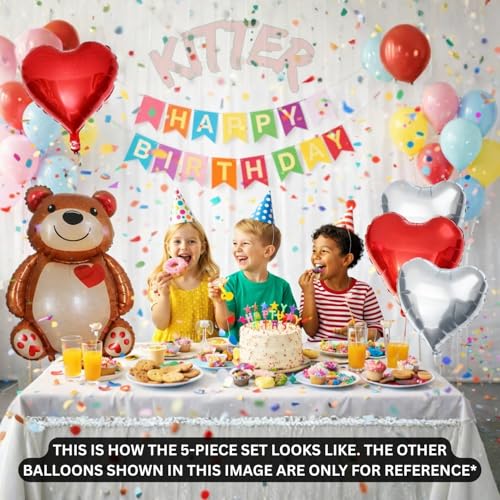 KITTER Bear Theme Birthday Party Decoration Kit, Birthday Decor Foil Balloons Set for Boys Girls Kids, Set of 5 Pieces | Includes 1 Big Bear, 2 Red Hearts & 2 Silver/Chrome Colour Foil Balloons - Image 2